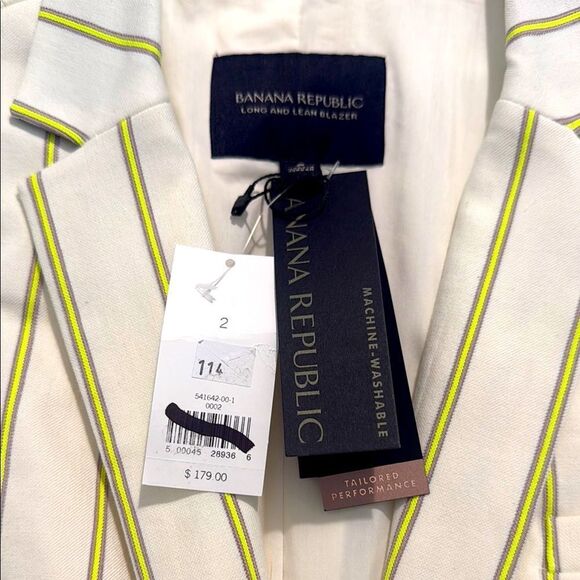 Banana Republic White Neon Yellow Vertical Pinstripe Long Lean Blazer Jacket NEW - Picture 12 of 16